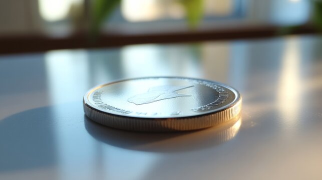 A plain, polished coin made of aluminum, placed on a clean white table 