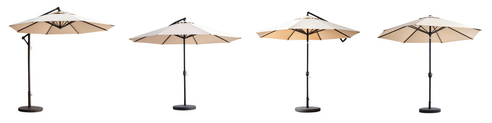 Fototapeta premium Inviting outdoor patio with a stylish sunshade or parasol providing shade and creating a cozy relaxing atmosphere Comfortable patio furniture including chairs and a table set up for leisure time