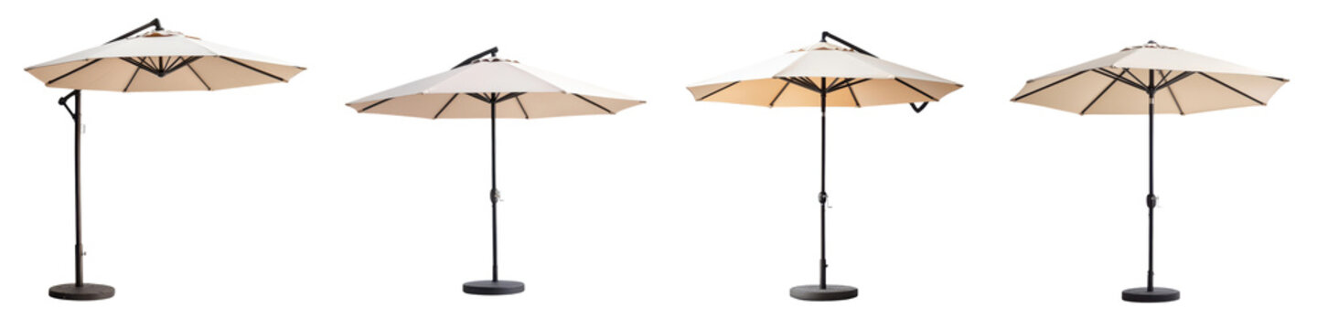 Inviting outdoor patio with a stylish sunshade or parasol providing shade and creating a cozy relaxing atmosphere  Comfortable patio furniture including chairs and a table set up for leisure time