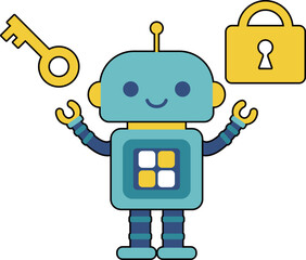 かわいいロボットのキャラクター　南京錠と鍵