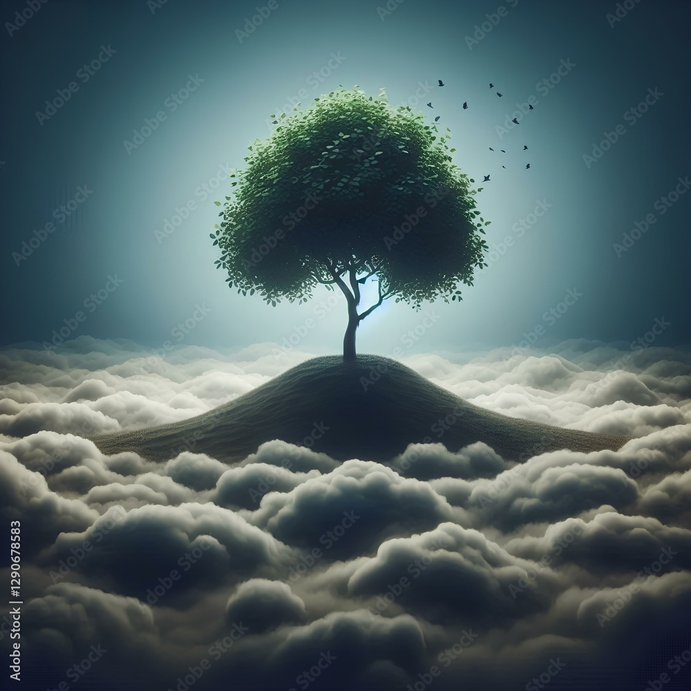 Wall mural a lone tree grows from the ground into the clouds, symbolizing growth and aspiration.