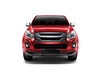 Front view of red colour pickup truck Isolated on white background. 3D rendering.