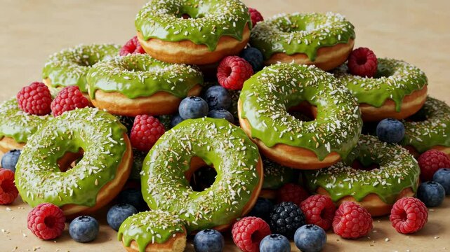 A vibrant pile of green iced donuts surrounded by fresh berries