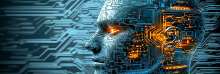 Digital Human Head Profile, Glowing Circuits, Futuristic Technology and Artificial Intelligence