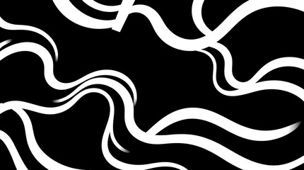 Abstract Black and White Wavy Stripes, Modern Minimalist Art, Dynamic Flowing White Lines on Black Background, Vector Illustration