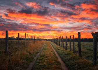 Beautiful and dramatic orange sunrise over a farm track lined by wooden posts in the Dordogne...