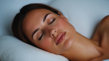 Obraz premium A serene woman rests peacefully on a soft surface, embodying tranquility and relaxation.