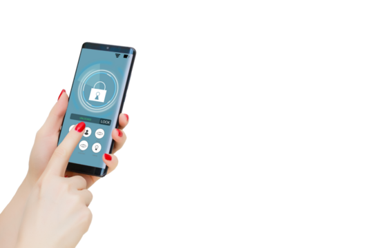 isolated woman hand holding the phone with system smart house