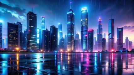Future cityscape at dusk with towering skyscrapers and neon lights reflecting off wet pavement, urban, futuristic
