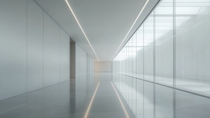 Tranquil empty corridor in a modern hospital, showcasing sleek design and calming atmosphere.