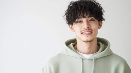 明るい笑顔と質感のあるパーマヘアが特徴的な日本人男性 | 普段着スタイル