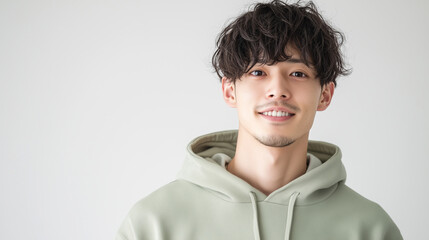 明るい笑顔と質感のあるパーマヘアが特徴的な日本人男性 | 普段着スタイル