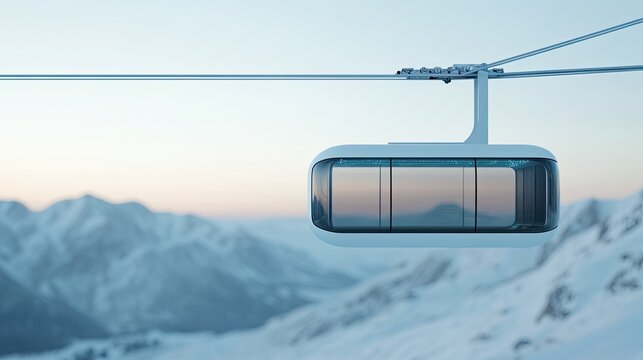 Sleek gondola suspended over snow-covered mountains during seren