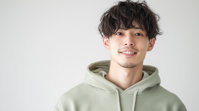 明るい笑顔と質感のあるパーマヘアが特徴的な日本人男性 | 普段着スタイル