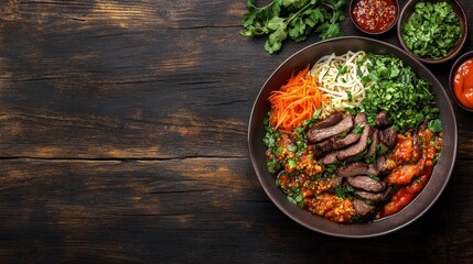 Delicious Asian beef noodle bowl on rustic wooden table with condiments