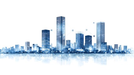 Obraz premium Urban city skyline featuring modern skyscrapers and architectural buildings against a blue sky