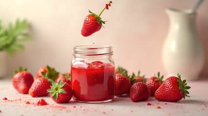 Fresh strawberries surround a jar of strawberry juice on a soft pink background for a festive look.