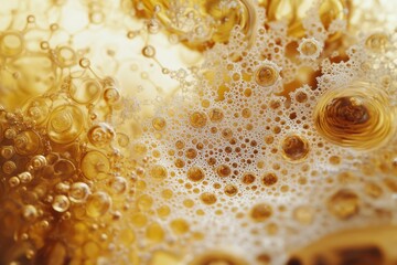 Bubbles and foam create a mesmerizing abstract pattern in golden liquid