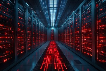 Server room showing rows of data servers with red lights