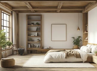 Fototapeta premium spacious modern minimalist bedroom featuring wooden accents, cozy bed, and natural light. room includes bookshelf, plants, and warm atmosphere, perfect for relaxation