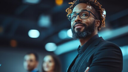 Fototapeta premium Confident Black Businessman at a Conference, Looking Forward with Hope