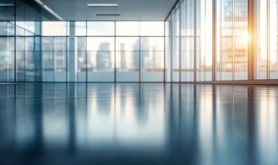 Beautiful blurred background of an empty modern office interior with panoramic windows and glass walls, a large open space for equipment on the floor.