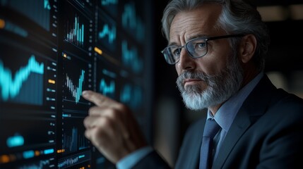 Obraz premium Mature Businessman Analyzing Financial Data on Large Screen