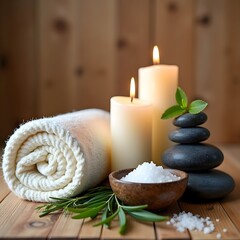 Towel placed on a fern with candles and black hot stones on a wooden background, creating a peaceful massage therapy setting. Lit by candlelight, this beauty spa treatment promotes relaxation and well