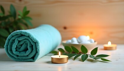 Towel placed on a fern with candles and black hot stones on a wooden background, creating a peaceful massage therapy setting. Lit by candlelight, this beauty spa treatment promotes relaxation and well