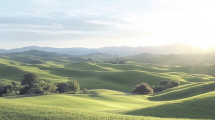Serene Rolling Hills Landscape  Sunlit Green Valley Panorama