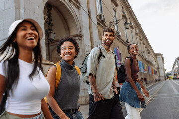 Happy tourists walking and exploring city center