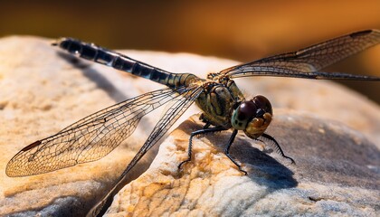 Close-up of a dragonfly perched on a warm stone, with its translucent wings shimmering in the sunlight, highlighting the delicate details of the insect and its environment.