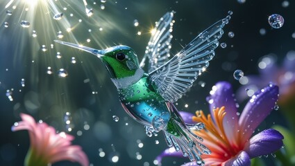 Hummingbird Sculpted from Water Droplets with Sunlight Refraction, Vibrant Flower and Ethereal Background in Magical Scene, Generative AI