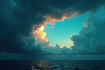 Dark, brooding clouds amass, turquoise sky peeking through, heavy clouds, natural