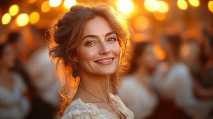 Fototapeta premium Beautiful Woman at Sunset with Bokeh Lights