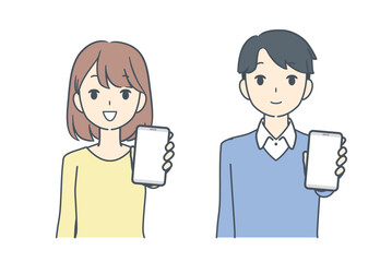 スマートフォンを前に突き出して見せる女性と男性