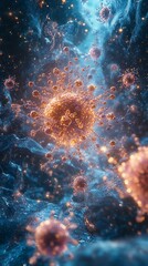 Glowing Microscopic Viruses Floating In The Deep Blue Space