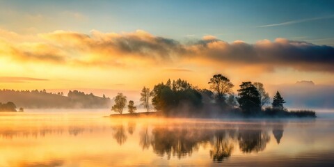 Fototapeta premium Misty dawn on bay with fog rolling in, silhouettes of trees against sky, fog, bay
