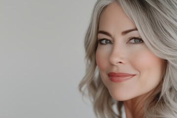 Naklejka premium Close-up portrait of a beautiful senior woman with grey hair and fair skin, isolated on a white background. Beauty cosmetic, skincare, facial treatment, wellness and healthy lifestyle concept. 