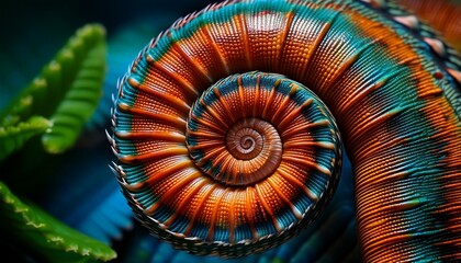 Close-up of a chameleon&rsquo;s curled tail, highlighting its rich texture and intricate spiral pattern, emphasizing the unique details of its natural design.
