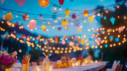 Summer Evening: Outdoor Garden Party Celebration with Festive Lights, Lanterns and Decorated Table for Invitation, Card, Poster