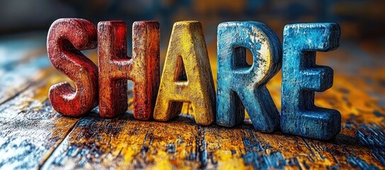 Colorful wooden letters spelling SHARE on rustic wooden surface.