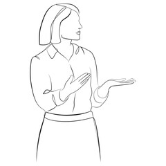 A woman in business clothes stands sideways and gestures line drawing on white isolated background