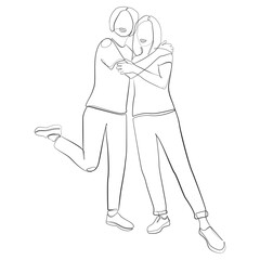 Two cheerful women pose with their arms around each other one line drawing on white isolated background