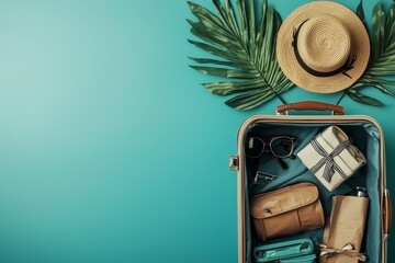 Essentials Packed for a Tropical Getaway With Stylish Accessories and Travel Gear Arranged on a Vibrant Background