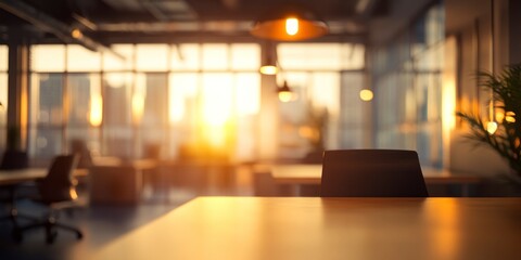 Blurred office interior background with panoramic windows and lighting, creating an atmosphere of a professional work environment.