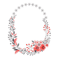 Oval wreath with brunch and flower in folk style. Stylized illustration in red and gray colors for wedding invitation creating. Hand drawn composition is perfect for romantic and love card design.