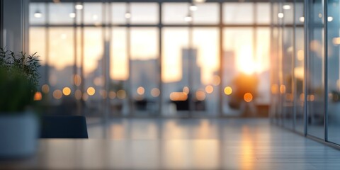 Blurred office interior background with panoramic windows and lighting, creating an atmosphere of a professional work environment.