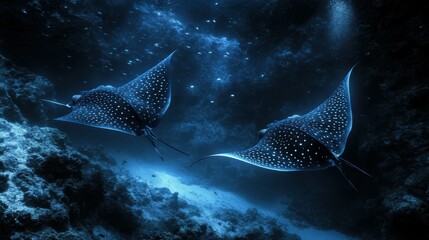 Fototapeta premium Eagle Ray Swimming Underwater in Galapagos Islands. Aquatic Animal with Blue Coastline Background