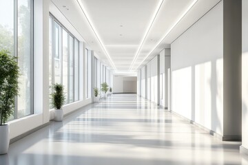 Obraz premium Modern minimalist hospital corridor featuring sleek lines and bright lighting for a calming healthcare environment.